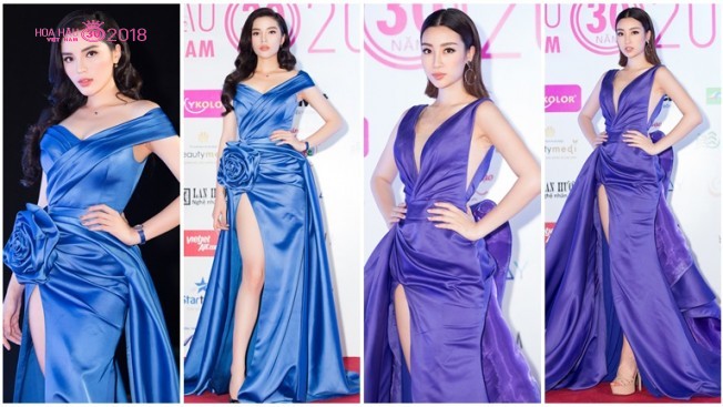 Diện cùng kiểu đầm xẻ cao, Kỳ Duyên và Mỹ Linh đọ sắc trên thảm đỏ Hoa hậu Việt Nam